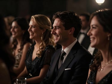 Cinematic medium-closeup of elegant wedding guests laughing mid-conversation under low-key dramatic ambient lighting, rich shadows, 35mm lens.