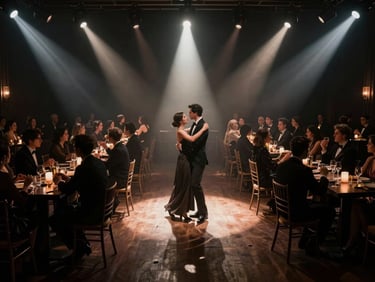Cinematic 35mm wide-angle capture of an elegant crowd on a dimly lit dancefloor, dramatic spotlights cutting through haze, rich contrast.