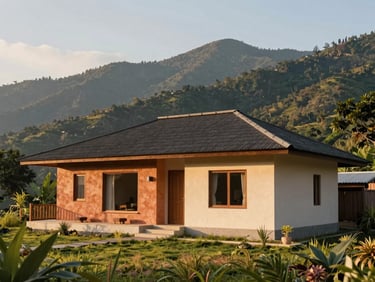 Exterior shot of an authentic local home in Cigombong, modern design with natural elements, golden hour sun, warm editorial photography.