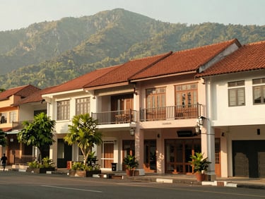 Street-level shot of a modern commercial shophouse (ruko) in Cigombong's town center, natural light, warm editorial photography.