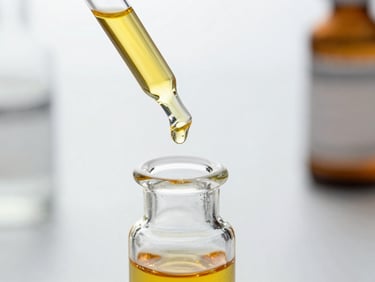 Macro close-up of golden botanical oil dripping from a laboratory pipette into a sterile glass vial, clean white laboratory background, bright clinical lighting.