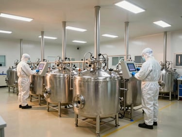 Wide-angle environmental shot of state-of-the-art stainless steel mixing vats in a bright, clinical GMP-certified clean-room, clean-room technicians in protective gear operating digital control panels, warm gold laboratory lighting.