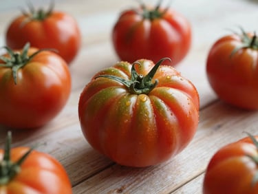 Tight editorial macro shot of fresh heirloom tomatoes on a rustic wooden table with soft natural daylight, rich crimson tones, shallow depth of field