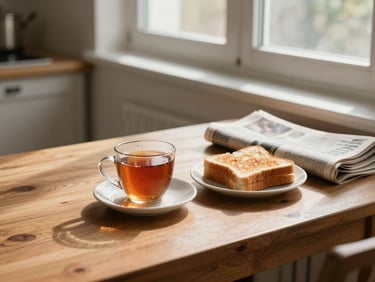Close environmental shot of a small kitchen table beside a window, a half-finished cup of tea and a plate of toast with a newspaper folded open, warm morning light casting long soft shadows across the wooden tabletop, no person visible—just the evidence of someone's chosen morning