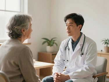 A healthcare professional talking with an elderly patient in a warm, sunlit clinic room, soft natural light, respectful framing.