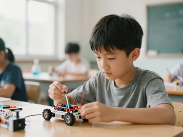 A young student working on a robotics project in a modern science classroom, soft natural daylight, shallow depth of field.