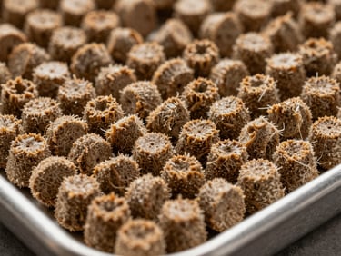 Extreme close-up of freshly extruded biomass pellets on a steel collection tray under studio strobe light, showing dense uniform cylindrical form and fibrous surface texture, warm brown tones
