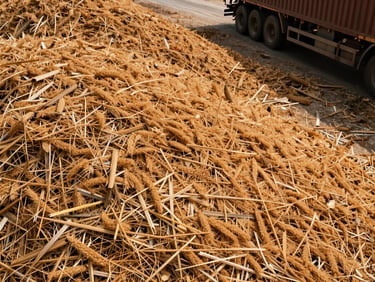 Overhead close-up of an agricultural residue stockpile — rice husk and stalks piled in a collection yard under open daylight, warm ochre and straw tones, scale visible from a loaded truck at the edge of frame