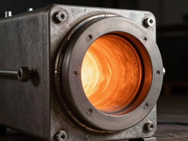 Extreme close-up of a high-capacity biomass pellet burner assembly, steel combustion chamber with a circular burner mouth glowing orange at the interior, industrial mounting flanges visible, studio strobe lighting revealing surface texture and weld seams, dark background