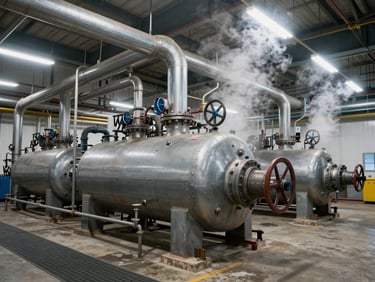 Wide shot of a food processing plant boiler room, large industrial pipes and pressure vessels under factory-floor fluorescent light, steam rising from feed lines, concrete floor and steel grating visible, honest documentary framing