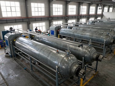 Overhead view of a textile manufacturing floor, large thermic fluid heater units along the wall, workers operating looms in mid-ground, industrial daylight through high clerestory windows, steel and concrete surfaces, honest process documentation style
