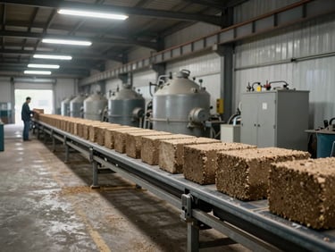 Wide shot of an industrial biomass manufacturing floor mid-operation, compressed briquette blocks moving along a conveyor under overhead fluorescent daylight, concrete and steel environment, documentary framing, honest industrial light