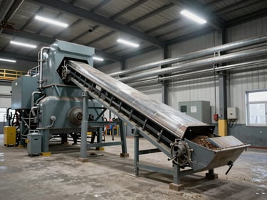 Wide industrial boiler room with biomass fuel feed conveyor in operation, concrete floor and steel pipe infrastructure under factory fluorescent daylight, no people, documentary framing