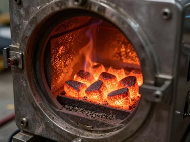 Close-up of a biomass pellet burner interior glowing with active combustion, thermal orange and deep red flame visible through the burner inspection port, industrial steel housing in the foreground