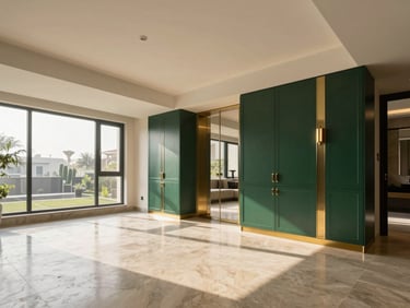 Interior of a modern luxury apartment in Gurgaon, polished stone floors, brass fixtures, crisp morning light, high-end editorial style