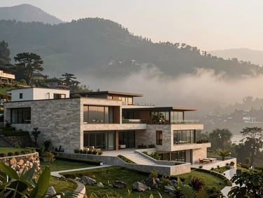 Serene resort architecture in Rishikesh nestled in the Himalayan foothills, soft golden-hour mist, modern stone finishes, high-end editorial style