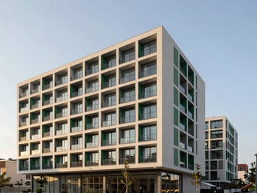 Architectural exterior of a contemporary co-living building, clean lines, structured grid layout, morning light, high-end editorial style