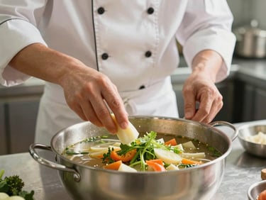 A close-up of a professional school cook preparing fresh vegetable soup in a clean, bright kitchen, warm morning light, soft focus.