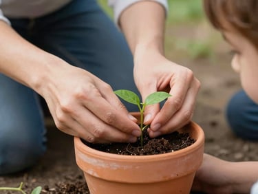 A close-up photograph of an educator's hands gently helping a child plant a small green seedling in a terracotta pot. Soft natural outdoor light, focus on the hands and the rich soil, warm and reassuring mood.