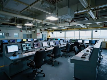 Low-key dramatic shot of an industrial maritime control room with high-tech trading desks, cold steel-blue tones, sharp contrast, 35mm