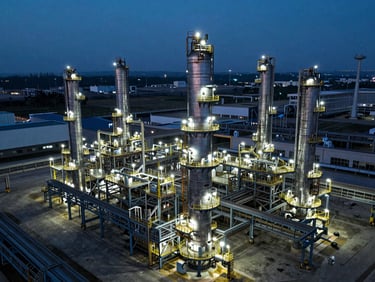 Aerial view of a massive industrial refinery terminal at dusk, glowing utility lights reflecting on cold steel structures, 35mm