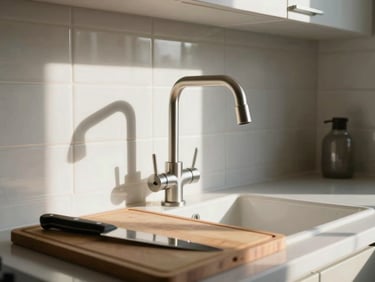 Close-up detail shot of a well-finished apartment kitchen counter — ceramic tile backsplash, brushed steel tap, a cutting board with a knife resting on it, morning daylight from a nearby window casting soft shadows, no people