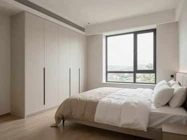 Wide architectural shot of a furnished bedroom, double bed with white and beige bedding, built-in wardrobe on the left wall, north-facing window with soft daylight, clean tiled floor