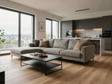 Wide shot of a modern furnished apartment living room, sofa and coffee table on a light wood floor, open kitchen counter visible in the background, generous window light from the left