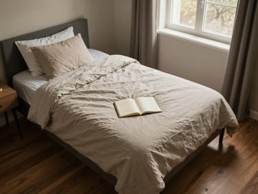 Overhead eye-level shot of a colocation bedroom, single bed with neutral linen, small desk with open notebook, warm daylight through a curtained window, wooden floor texture visible