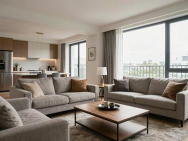 Eye-level wide shot of a bright furnished T3 apartment living area, two sofas facing a low table, large window with daylight on the right, open kitchen counter in the far background
