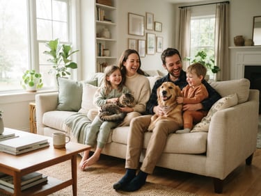 Warm lifestyle photography of a happy family with a dog and cat in a cozy, sunlit living room, soft beige and sage green tones, natural wood elements.