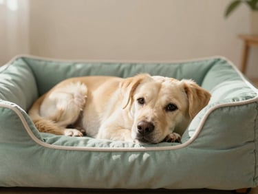 Close-up of a happy dog resting on a cozy sage green pet bed, soft natural morning light, warm beige background.