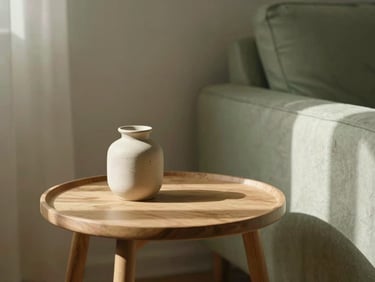 A cozy living room corner with a wooden side table, a small ceramic vase, and warm sunlight casting soft shadows