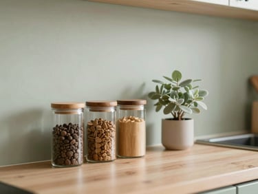 A neatly organized kitchen counter with wooden spice jars and a small sage green plant, soft natural light.