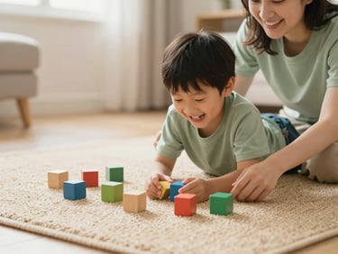 A child and parent laughing while playing with colorful wooden blocks on a warm beige rug.