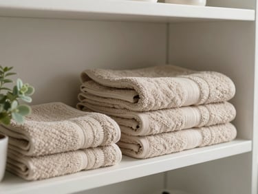 A clean, organized bathroom shelf with neatly folded beige towels and a small sage green plant, soft morning light