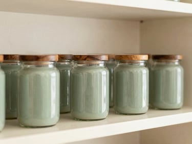Close-up of neatly arranged glass jars with wooden lids on a light beige shelf, soft natural lighting, cozy organized kitchen