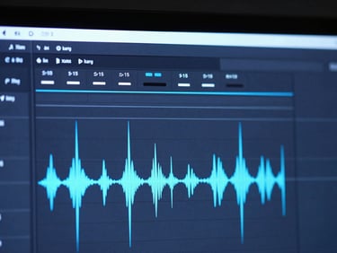 Sleek tech photography, close-up of a video editing timeline with audio waves, dark studio with electric blue neon backlight, sharp focus