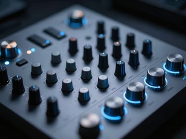 Sleek tech photography, color grading panel in a dark studio, glowing control dials, soft blue and white accent lights