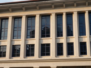 Architectural detail of a stable, enduring government building facade in Kuala Lumpur, soft morning light, deep navy and champagne gold tones, wide aspect