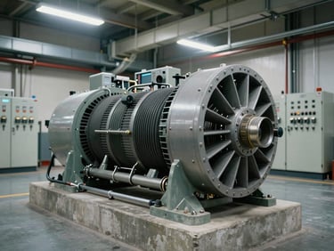 Interior of an industrial facility power room, large alternator unit bolted to a concrete plinth, overhead fluorescent lighting, conduit and switchgear in background, no people
