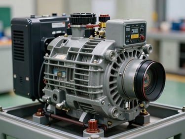 Close-up of a diesel generator set alternator mounted in a test-bed enclosure, even studio lighting, steel-grey housing with terminal connections visible, no people
