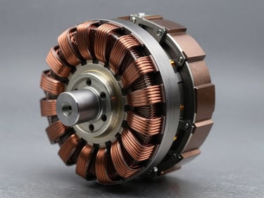 Macro close-up of a synchronous alternator wound rotor assembly showing copper windings and lamination stack detail, even studio lighting, steel-grey background, no people, precision manufacturing clarity