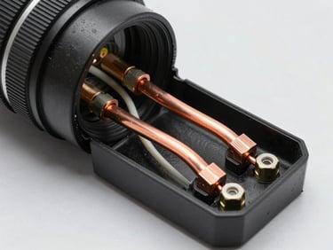 Alternator terminal box open showing copper busbar connections and insulated wiring, macro detail shot on neutral background, even controlled studio lighting, no people