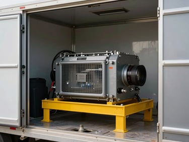 Alternator unit mounted inside a mobile power trailer enclosure, industrial yellow paint visible on frame, harsh ambient light through open panel door, no people