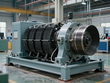 Synchronous alternator mounted on industrial base-frame inside a manufacturing plant, wide ambient light, steel floor and structural columns in background, no people