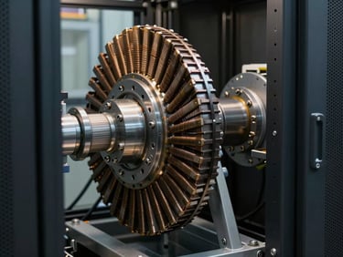 Alternator rotor assembly in a clean server-room adjacent generator enclosure, controlled lighting, technical detail of winding visible, no people, neutral background