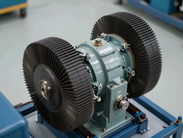 Close-up overhead view of a synchronous alternator installed in a diesel generator test-bed, clean workshop floor, even fluorescent lighting, no people, mechanical detail visible