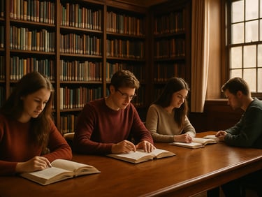 A quiet academic library with tall wooden bookshelves filled with textbooks, students reading at a polished wooden table, soft window light, scholarly atmosphere