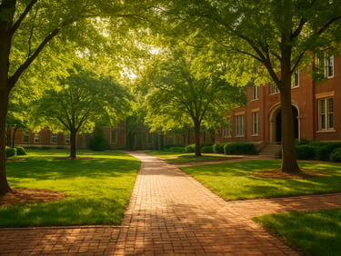 A peaceful green courtyard of an educational institute, brick pathways, lush green trees, soft sunlight filtering through leaves, academic tranquility